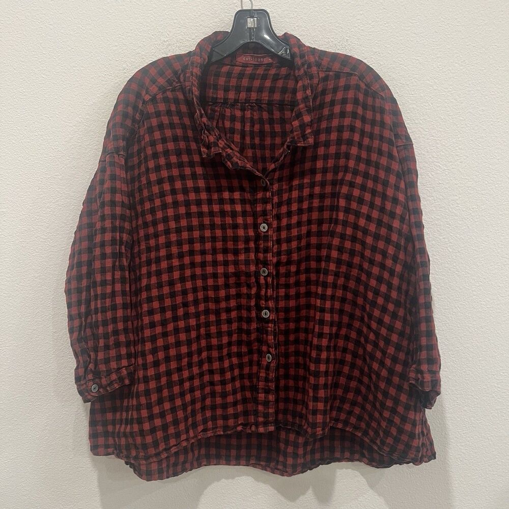 Cut Loose Womens Red Black Plaid Crinkle Button Up Shirt Sz M Art To Wear Boho